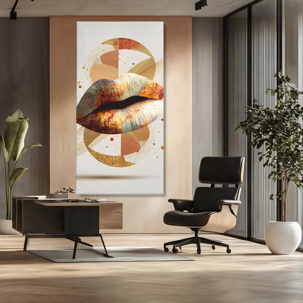 Tablou canvas cu tablou canvas cu buze aurii si forme geometrice, fara rama, pe sasiu de lemn, pe perete intr-un birou